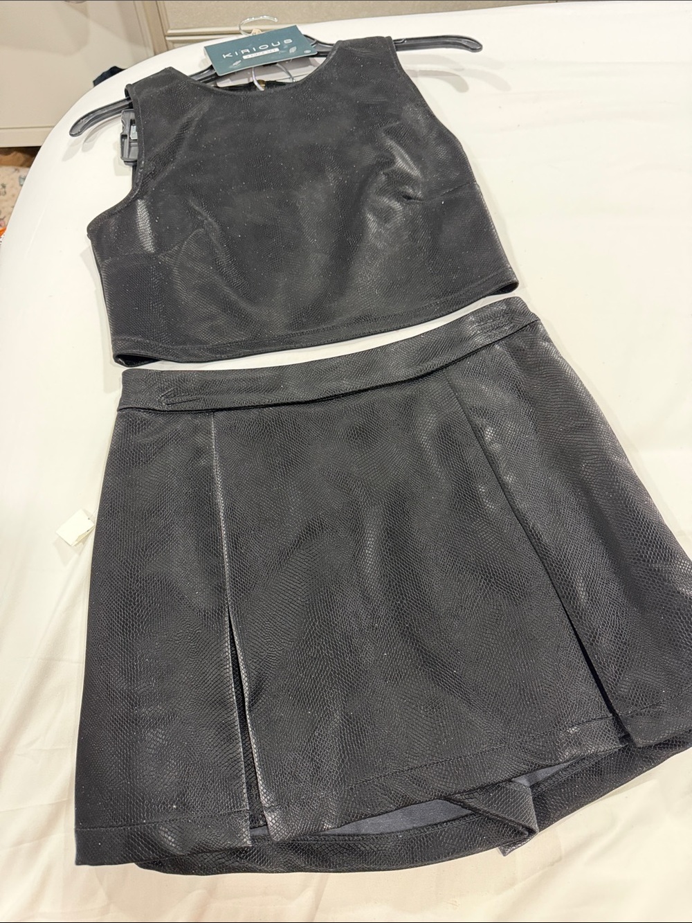 Kinross Black Faux-Leather Crop Top and Pleated Mini Skirt Set